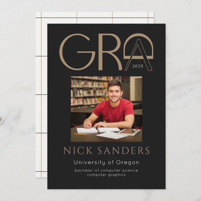 Faire-part Moderne Photo Graduation College Black Gold (Devant / Derrière)