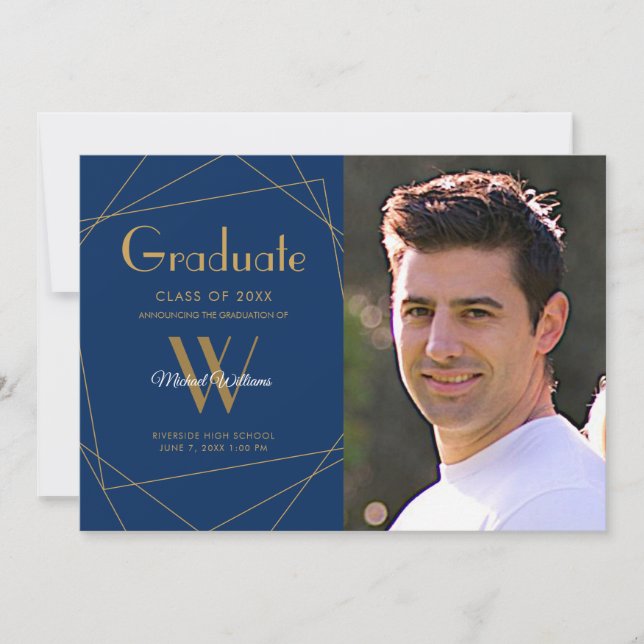 Faire-part Moderne Royal Blue Photo Monogramme Graduation (Devant)