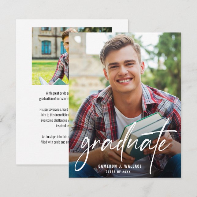 Faire-part Moderne Script Diplômé sur mesure Photos Graduatio (Devant / Derrière)