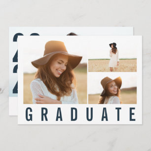 Faire-part Moderne simple 3 photo graduation simple bleu mari