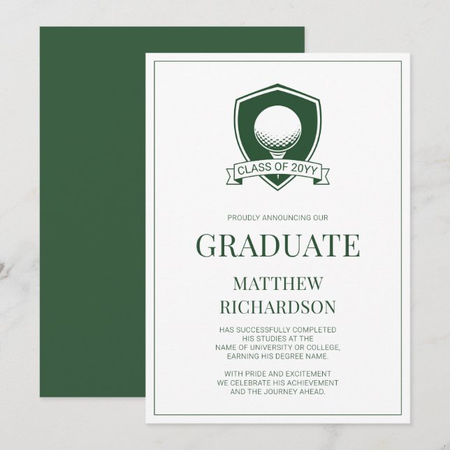 Faire-part Moderne Vert et Blanc Simple Diplôme de Golf (Devant / Derrière)