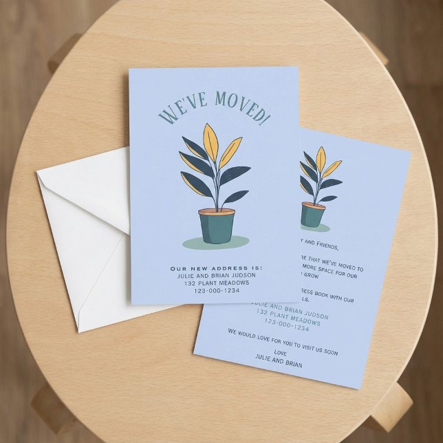 Faire-part Moderne "We’ve Moved" avec plante de la maison en  (Modern “We’ve Moved" with Potted house plant Announcement.)