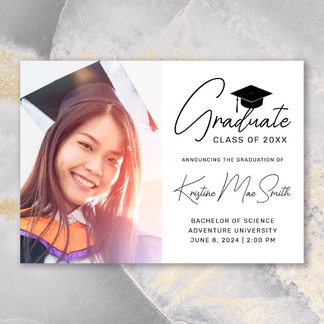 Faire-part Moderne White Black Script Photo College Graduatio (Modern White Black Script Photo College Graduation Announcement)