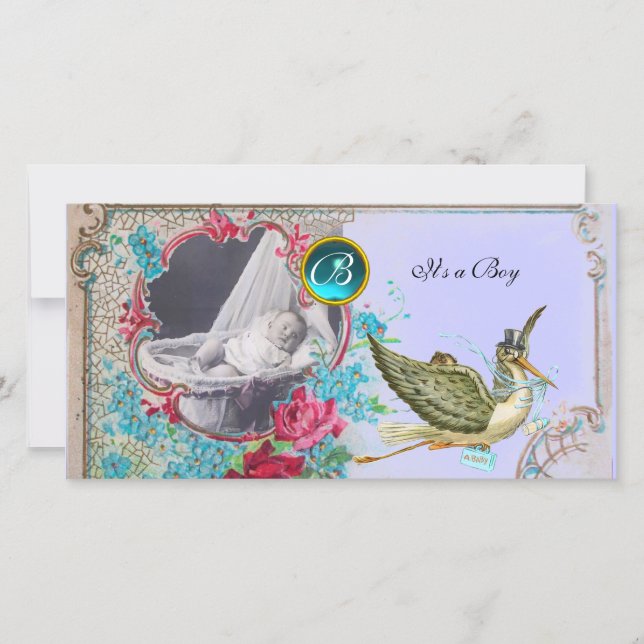 Faire-part MONOGRAM BABY SHOWER, aquamarine, blanc (Devant)