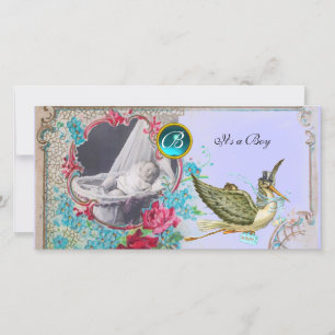 Faire-part MONOGRAM BABY SHOWER, aquamarine, blanc