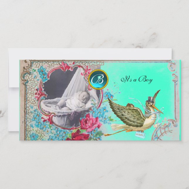 Faire-part MONOGRAM BABY SHOWER, aquamarine, blanc (Devant)