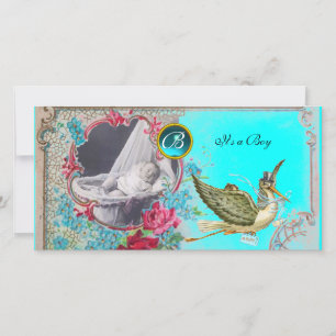 Faire-part MONOGRAM BABY SHOWER, aquamarine, blanc