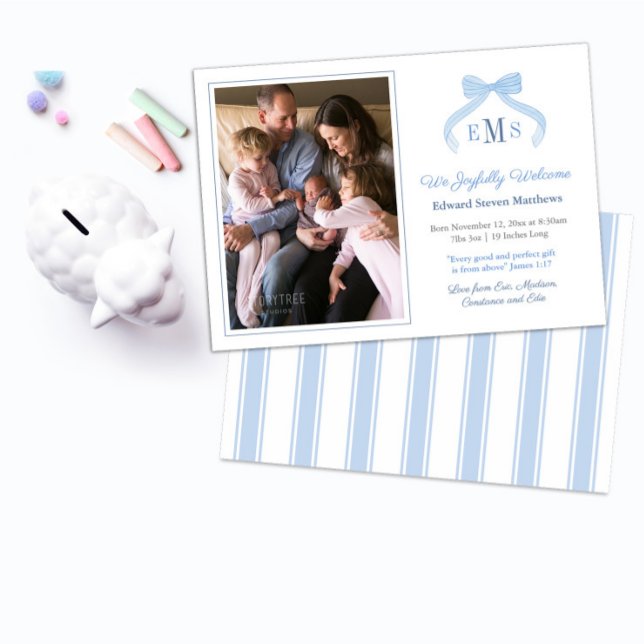 Faire-part Monogram Blue Bow Welcome Baby Boy Photo (Preppy blue and white bow monogram birth announcement photocard design for baby boy)