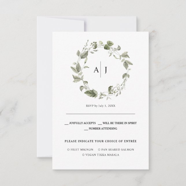 Faire-part Monogramme | Aquarelle Verdure Mariage RSVP (Devant)