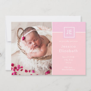 Faire-part Monogramme Bébé Fille Photos Rose Naissance modern