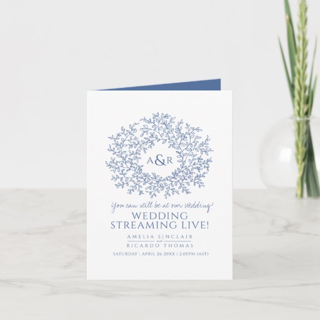 Faire-part Monogramme blanc bleu feuille mariage live stream (Devant)