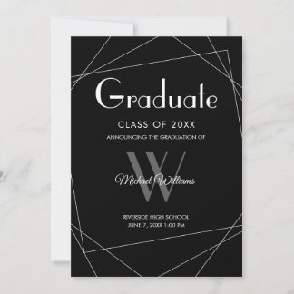 Faire-part Monogramme blanc noir moderne Graduation géométriq