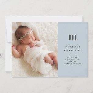 Faire-part Monogramme bleu classique bébé garçon photo naissa