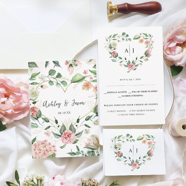 Faire-part Monogramme | Botanique Floral Coeur Mariage RSVP (Créateur téléchargé)