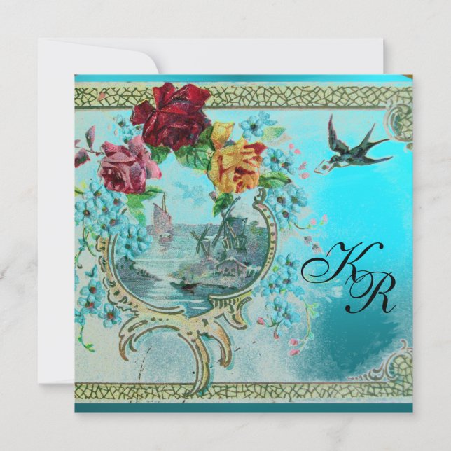 FAIRE-PART MONOGRAMME D'AQUAMARINE BLEUE ROMANTİCA 3 (Devant)