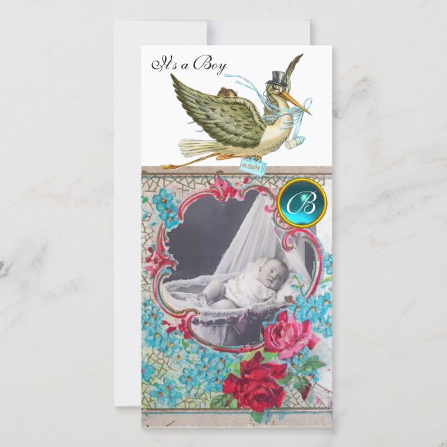 Faire-part MONOGRAMME DE BABY SHOWER, blanc d'aquamarine (Devant)