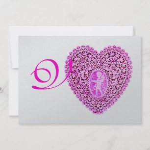 Faire-part MONOGRAMME DE COEUR DE LAMPE CUPIDE, argent fuchsi