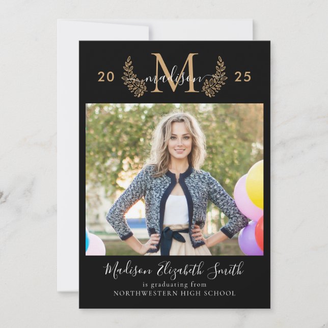 Faire-part Monogramme d'or noir Girly Script Photo Graduation (Devant)