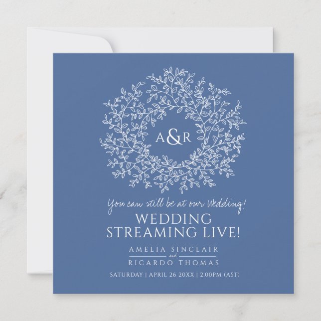 Faire-part Monogramme feuilles bleues classiques mariage en d (Devant)