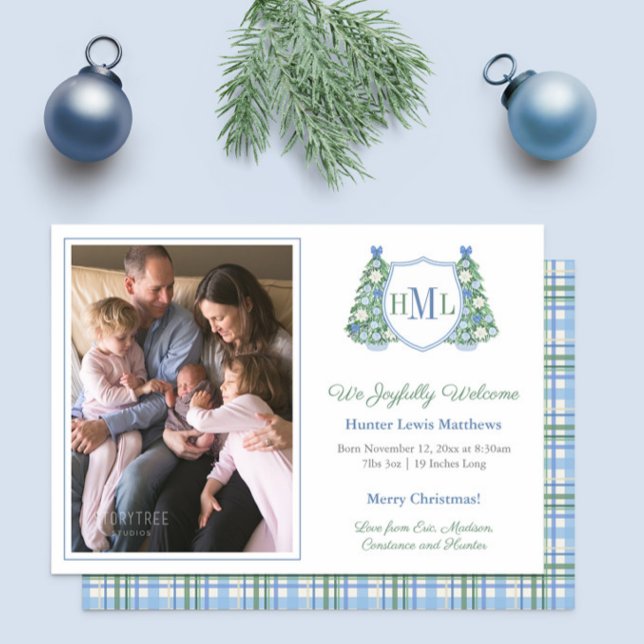Faire-part Monogramme Green Blue Holidays Photo Baby Boy Birt (Preppy Christmas Monogram photo birth announcement cards for baby boy in light blue and green)