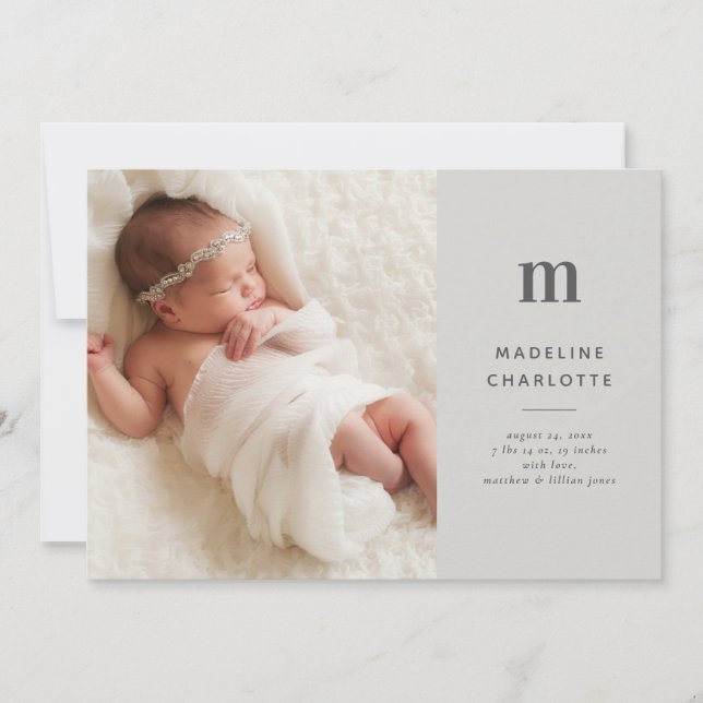 Faire-part Monogramme gris 1-Photo Naissance du bébé (Devant)