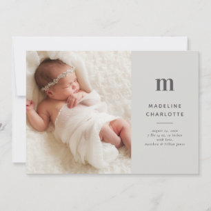Faire-part Monogramme gris 1-Photo Naissance du bébé