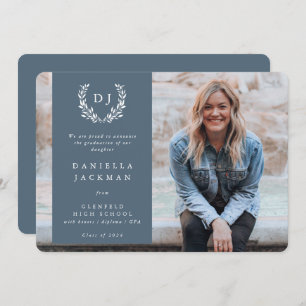 Faire-part Monogramme gris bleu Laurel Wreath Graduation Phot