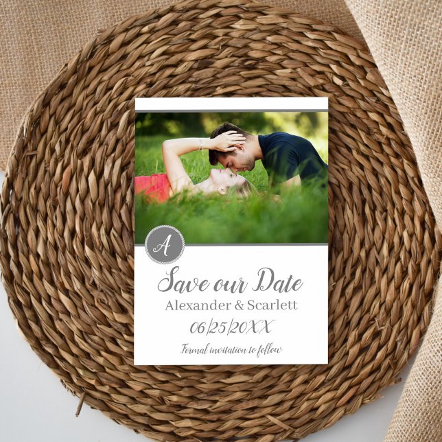 Faire-part Monogramme Gris Photo Enregistrer La Date (Gray Monogram Photo Save the Date Announcement)