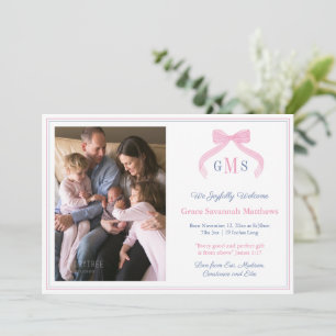 Faire-part Monogramme Marine Et Pink Bow Bienvenue Baby Girl 