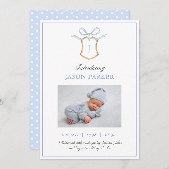 Faire-part Monogramme mignon avec crête et arc (Devant / Derrière)