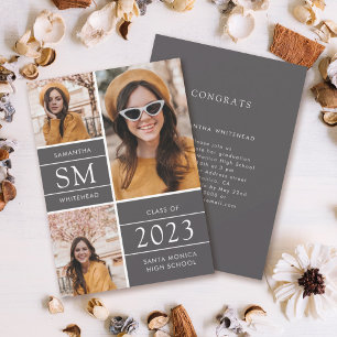 Faire-part Monogramme moderne photo Collage Gris Graduation