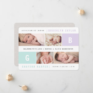 Faire-part Monogramme moderne Twins design 4 photos naissance