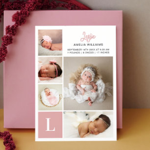 Faire-part Monogramme Photo Collage Bébé Fille Naissance
