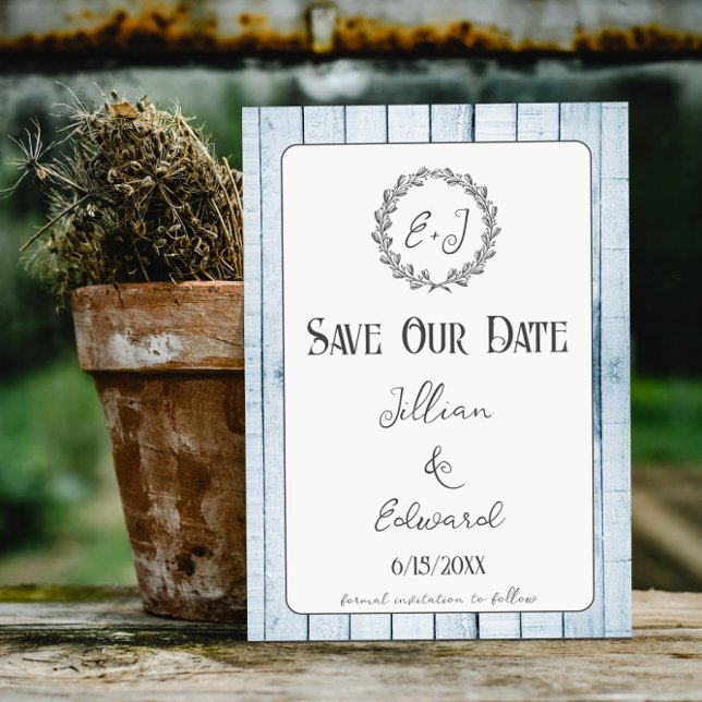 Faire-part Monogramme Rustique Bleu Enregistrer La Date Annon (Blue Rustic Monogram Save the Date)