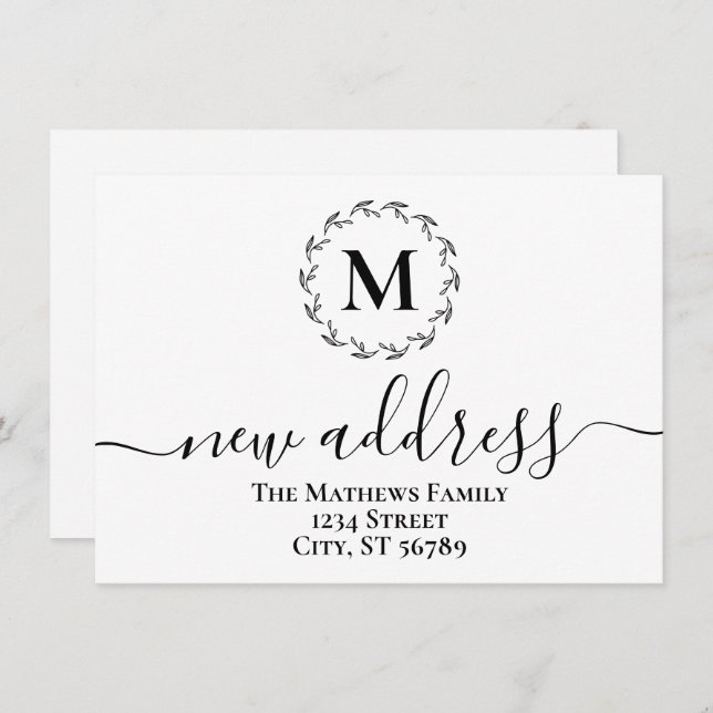 Faire-part Monogramme simple de couronne botanique Nouvelle a (Devant / Derrière)