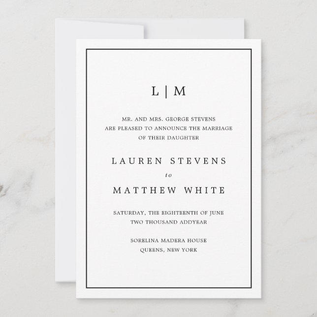Faire-part Monogramme simple noir et blanc Élégant mariage (Devant)