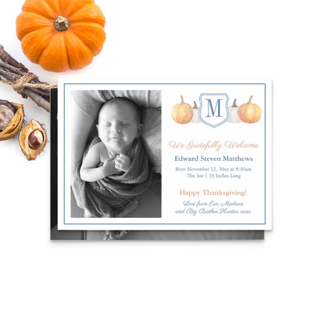 Faire-part Monogramme Thanksgiving Grateful Adoption Baby Bir (Monogram White And Orange Pumpkins Birth Or Adoption Announcement Cards)