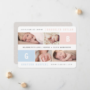 Faire-part Monogrammes Bébé Garçon Fille Jumeaux 4 Photos Nai
