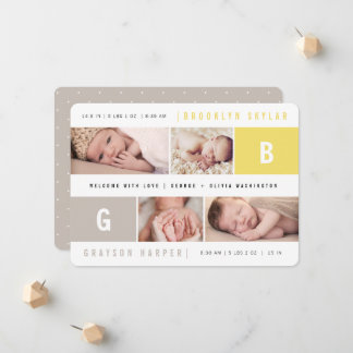 Faire-part Monogrammes Bébé Garçon Fille Jumeaux Jaune 4 Phot