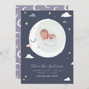 Faire-part Moon mignon script marine violet photo naissance
