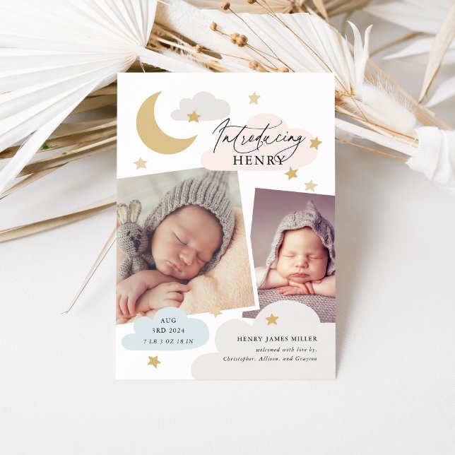 Faire-part Moon Stars Clouds Collage Photo Pink Blue Birth (Créateur téléchargé)