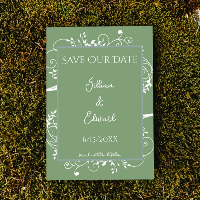 Faire-part Moss Green Flourish Économisez La Date Annonce (Moss Green Flourish Save the Date Wedding Announcement)