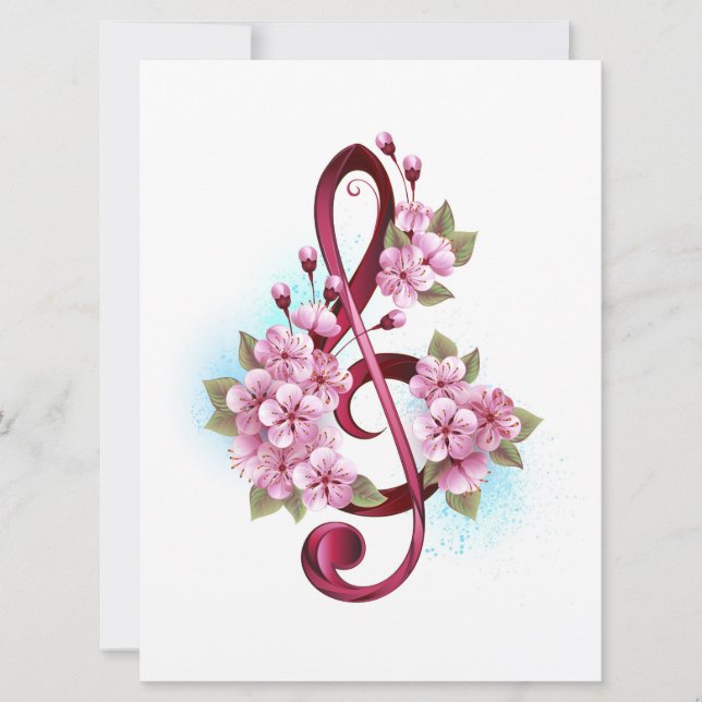 Faire-part Musical treble clef notes with sakura flowers (Devant)