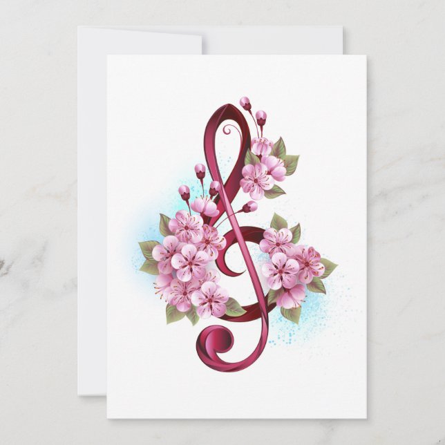 Faire-part Musical treble clef notes with sakura flowers (Devant)