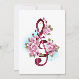 Faire-part Musical treble clef notes with sakura flowers