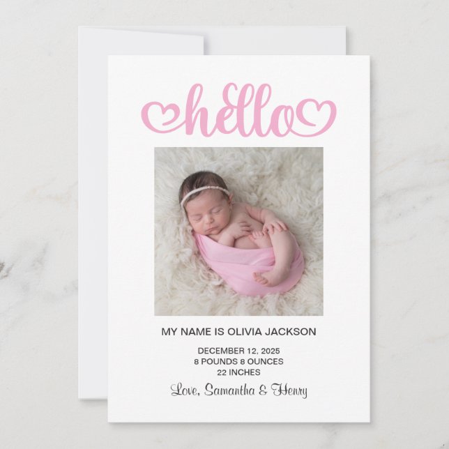 Faire-part Naissance avec écriture Hello coeurs roses (Devant)