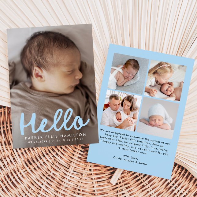 Faire-part Naissance Collage Photo Moderne « Hello » Bleu Man (Créateur téléchargé)
