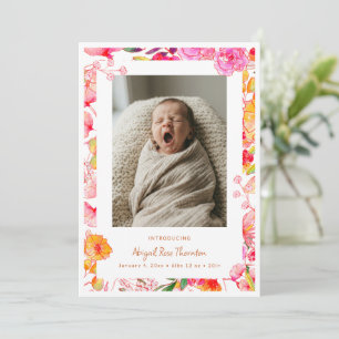 Faire-part Naissance de bébé fille photo florale aquarelle ro