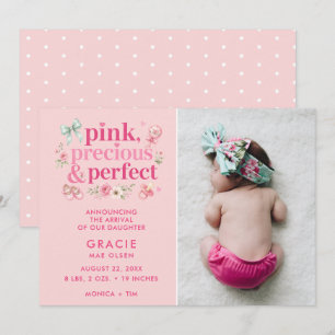 Faire-part Naissance de Bébé Fille Rose Précieuse Parfaite