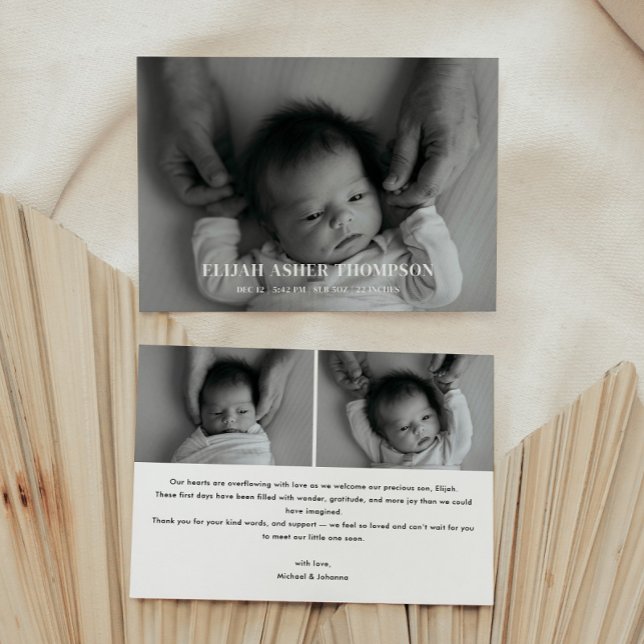 Faire-part Naissance de bébé moderne en noir et blanc avec ph (Créateur téléchargé)